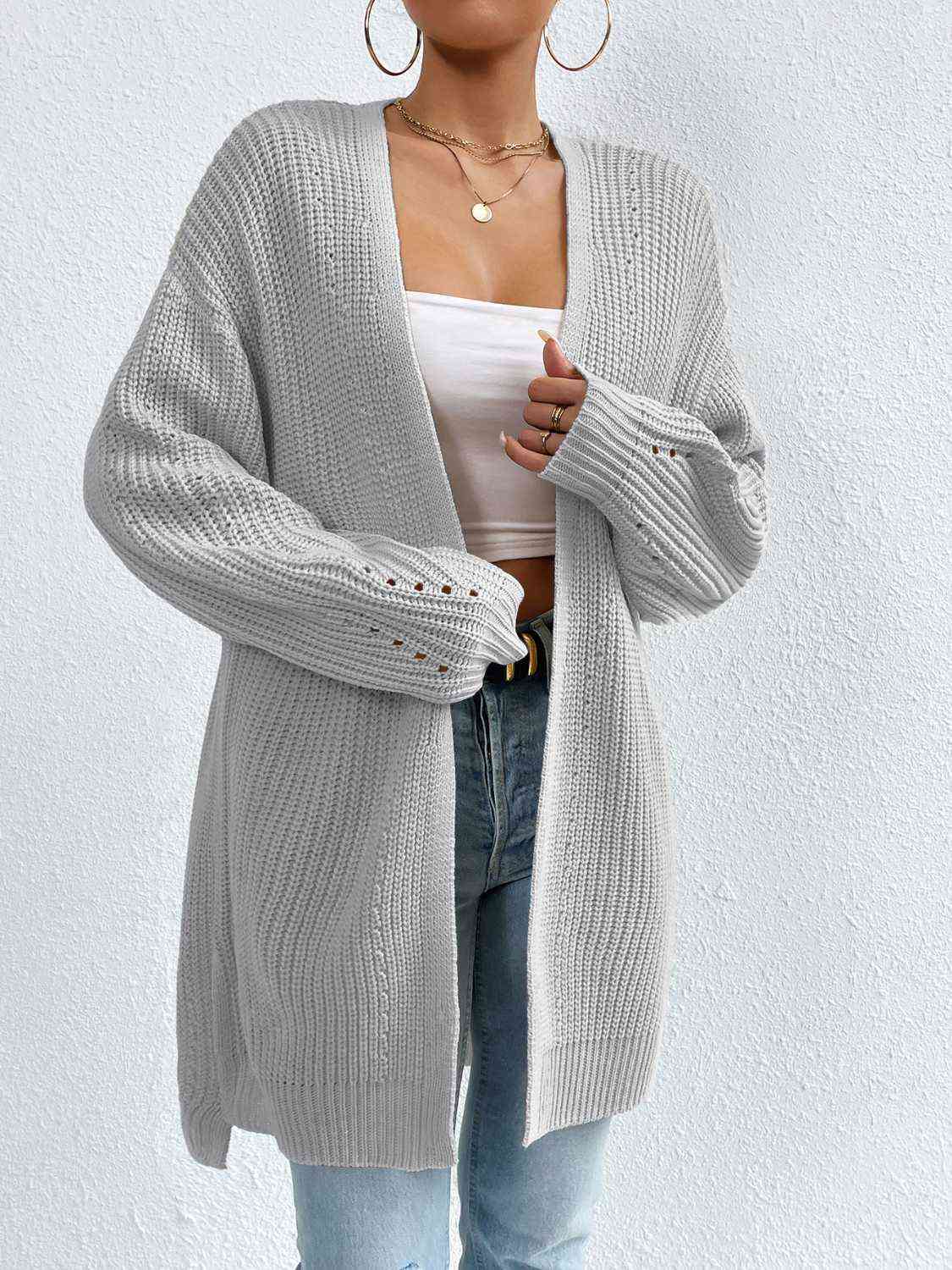 Open Front Dropped Shoulder Slit Cardigan - Ladyez