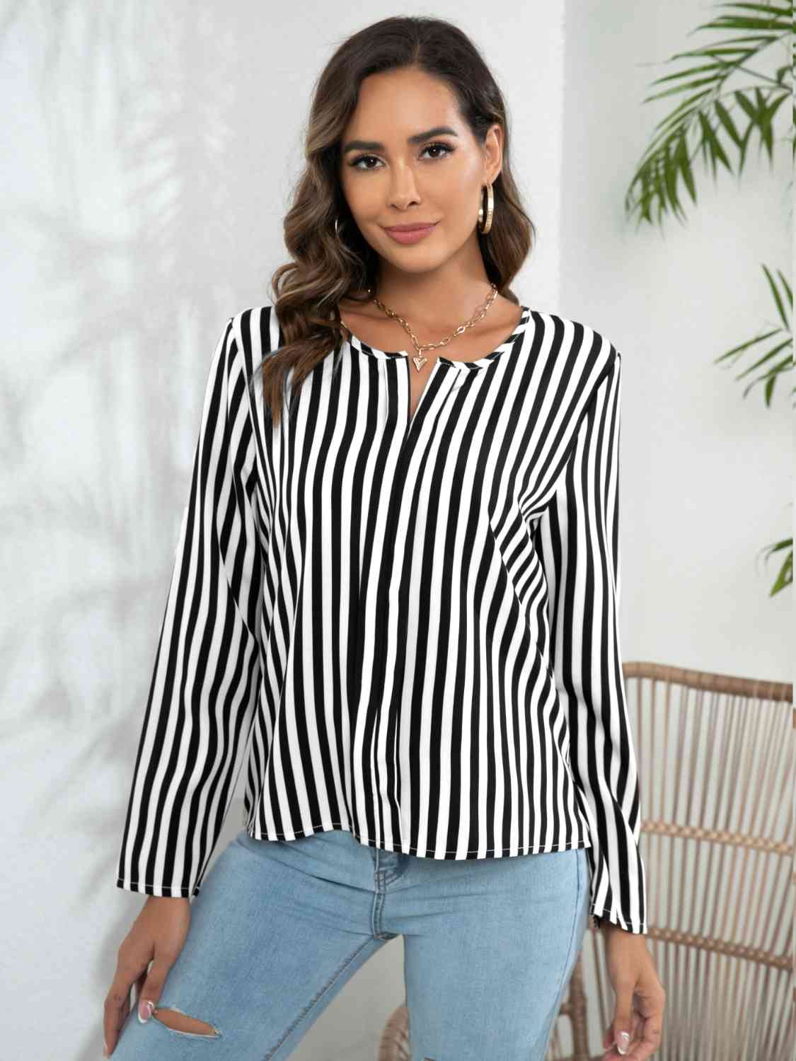 Striped Long Sleeve Notched Blouse - Ladyez