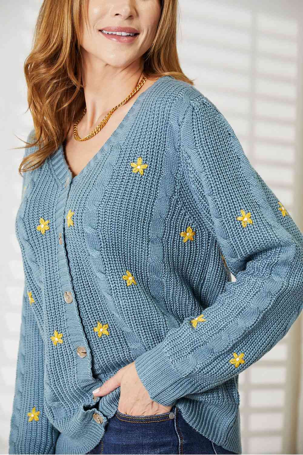 HEYSON Full Size Floral Embroidered Cable Cardigan - Ladyez
