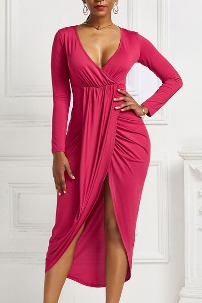 High-low Ruched Surplice Long Sleeve Dress - Ladyez