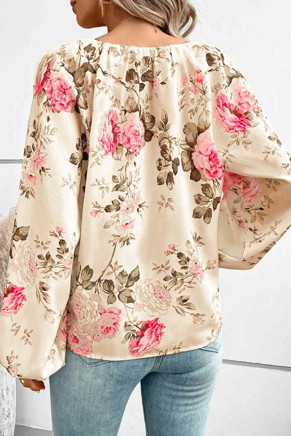 Floral V-Neck Balloon Sleeve Blouse - Ladyez