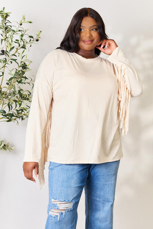 Celeste Full Size Fringe Detail Long Sleeve Blouse - Ladyez