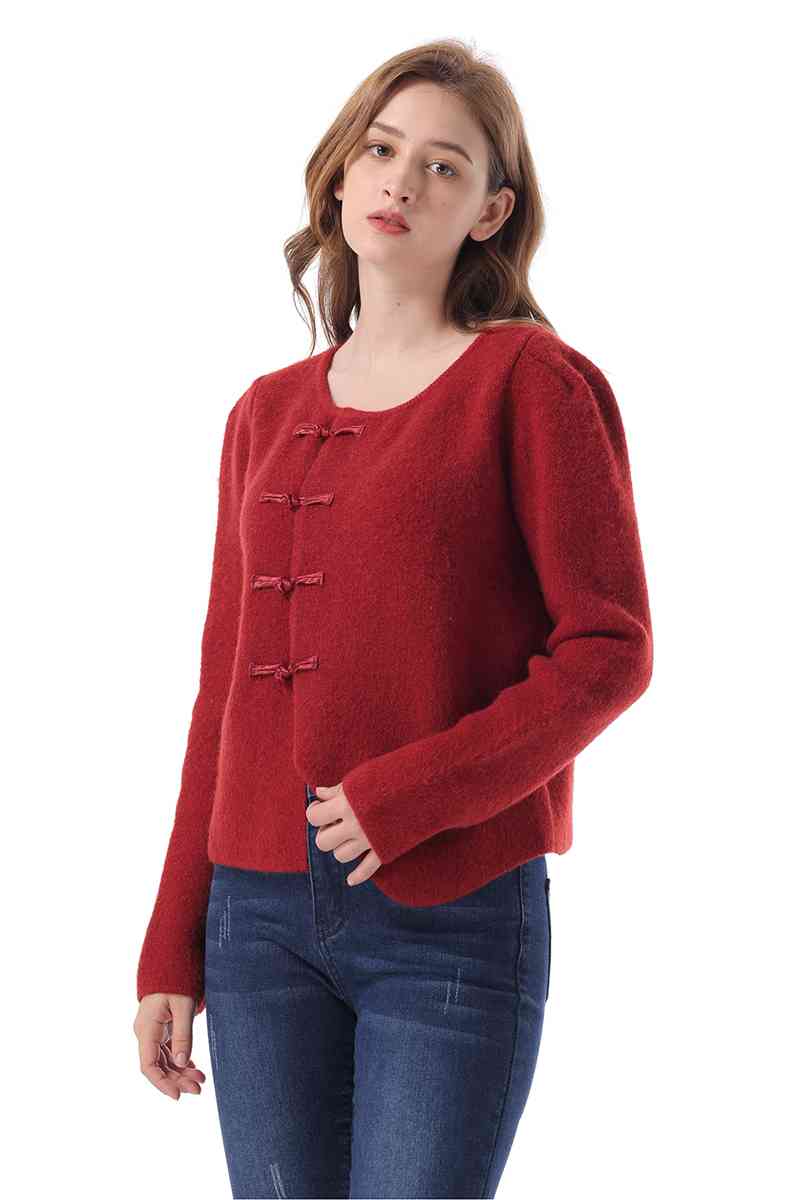 Round Neck Long Sleeve Frog Button Cardigan - Ladyez
