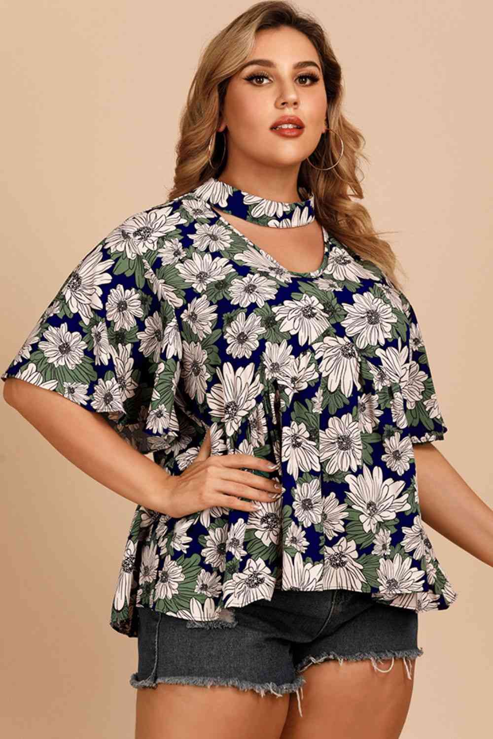 Plus Size Floral Flutter Sleeve Cutout Blouse - Ladyez