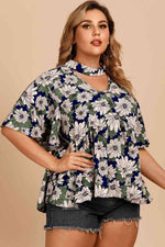 Plus Size Floral Flutter Sleeve Cutout Blouse - Ladyez