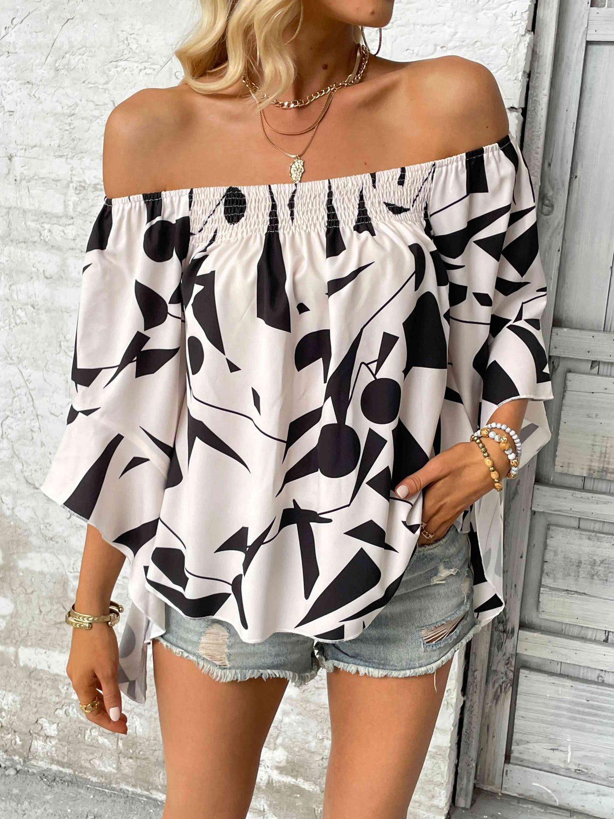 Printed Off-Shoulder Bell Sleeve Blouse - Ladyez