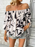 Printed Off-Shoulder Bell Sleeve Blouse - Ladyez