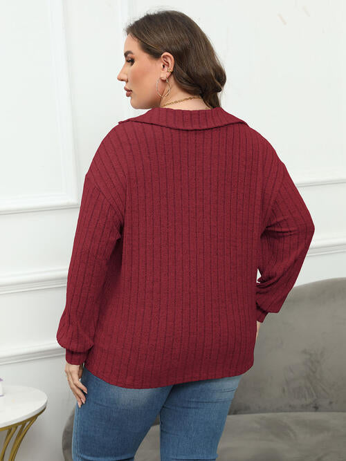 Plus Size Ribbed Collared Neck Long Sleeve Blouse - Ladyez