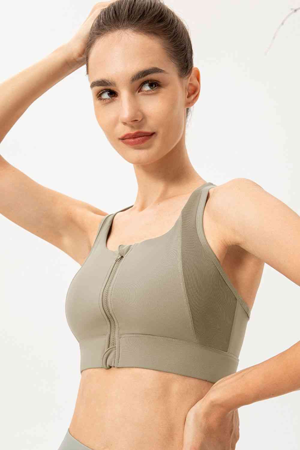 Zip-Up Round Neck Sports Bra - Ladyez