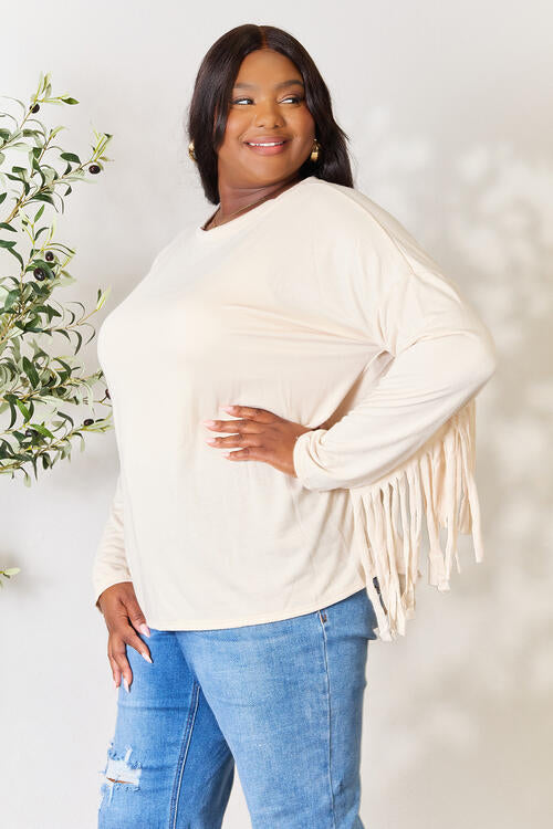 Celeste Full Size Fringe Detail Long Sleeve Blouse - Ladyez