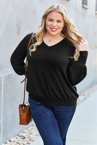 Basic Bae Full Size V-Neck Lantern Sleeve Blouse - Ladyez