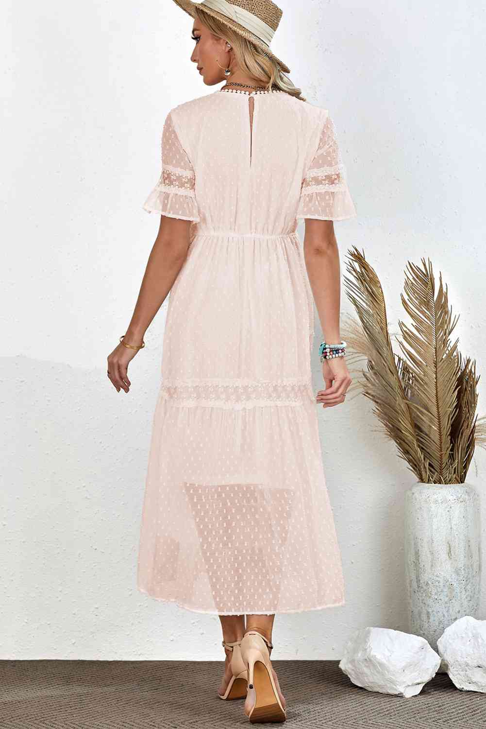 Swiss Dot V-Neck Short Sleeve Midi Dress - Ladyez