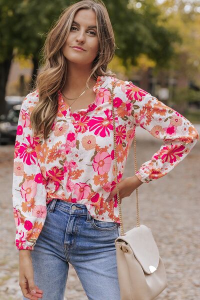 Floral V-Neck Frill Long Sleeve Blouse - Ladyez