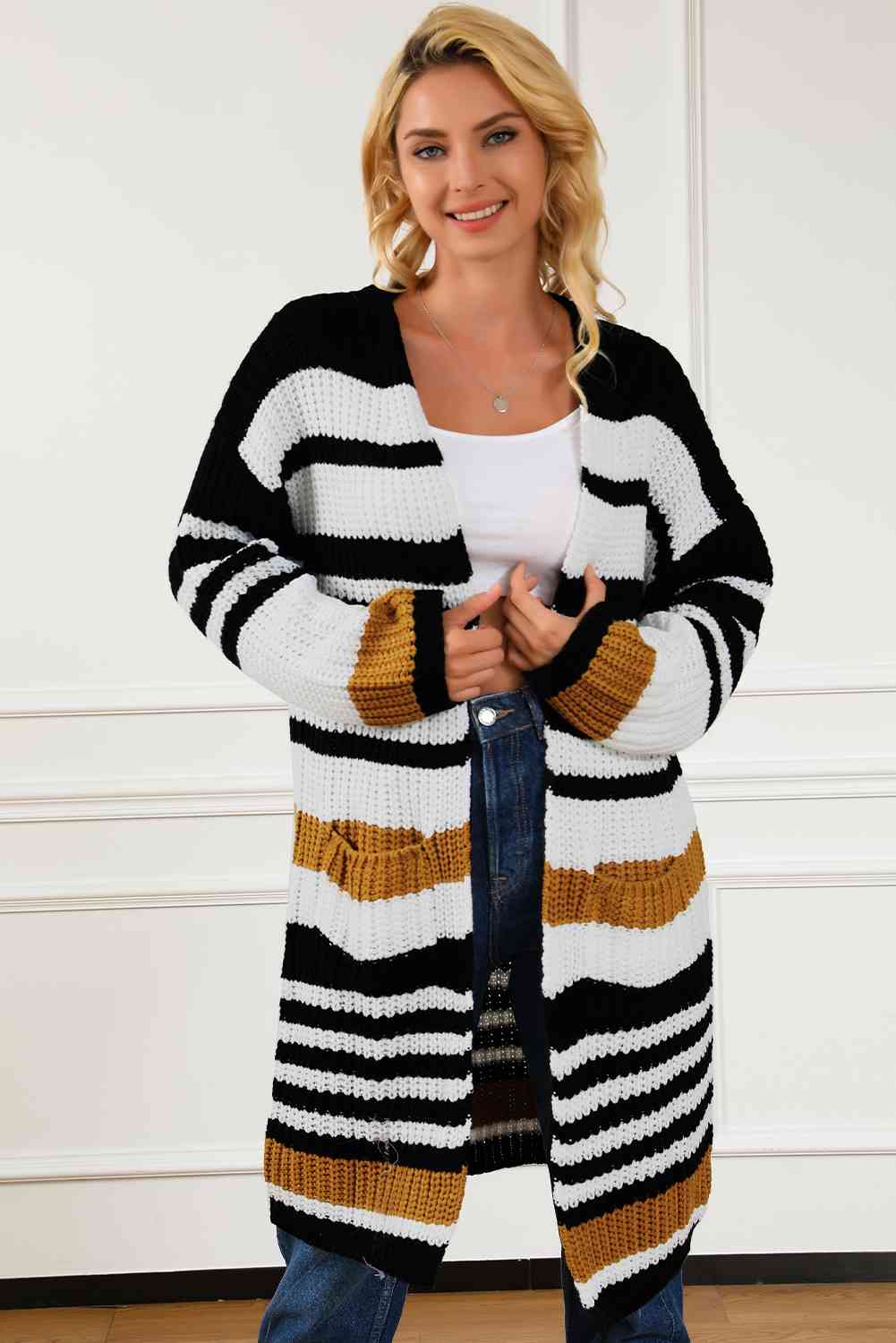 Striped Open Front Cardigan with Pockets - Ladyez