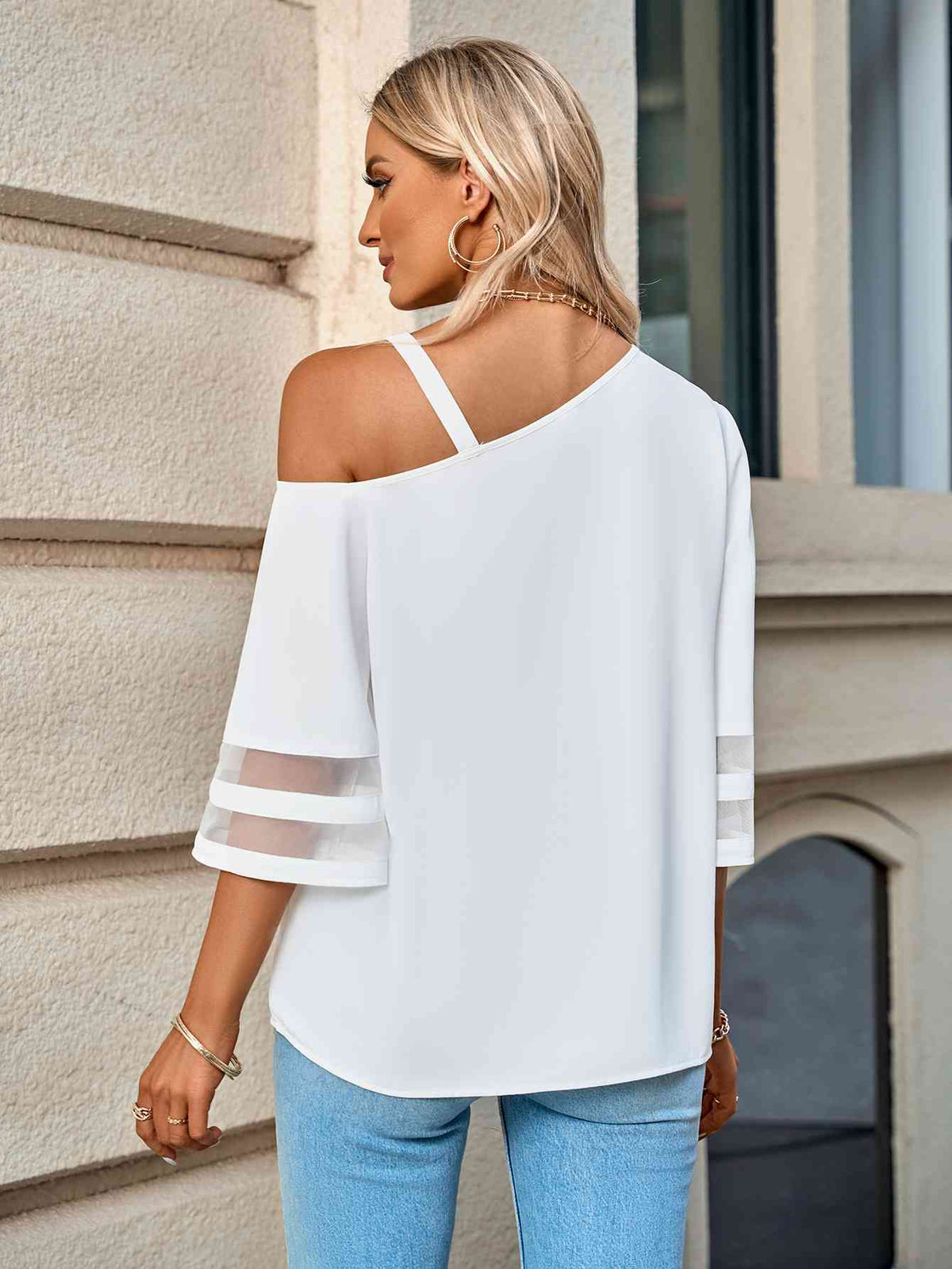 Asymmetrical Neck Sheer Striped Flare Sleeve Blouse - Ladyez