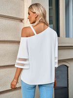 Asymmetrical Neck Sheer Striped Flare Sleeve Blouse - Ladyez