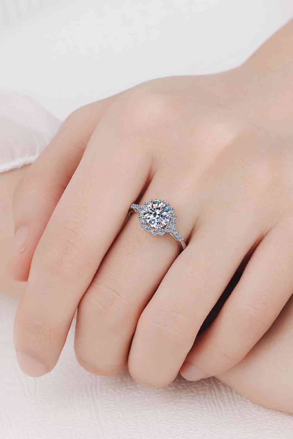 1 Carat Moissanite Rhodium-Plated Halo Ring - Ladyez