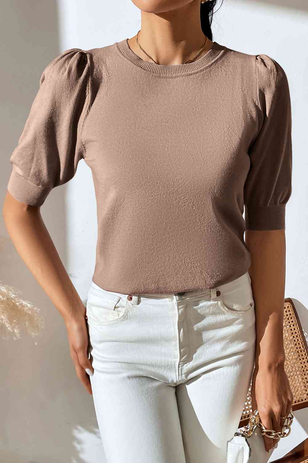 Round Neck Puff Sleeve Knit Top - Ladyez