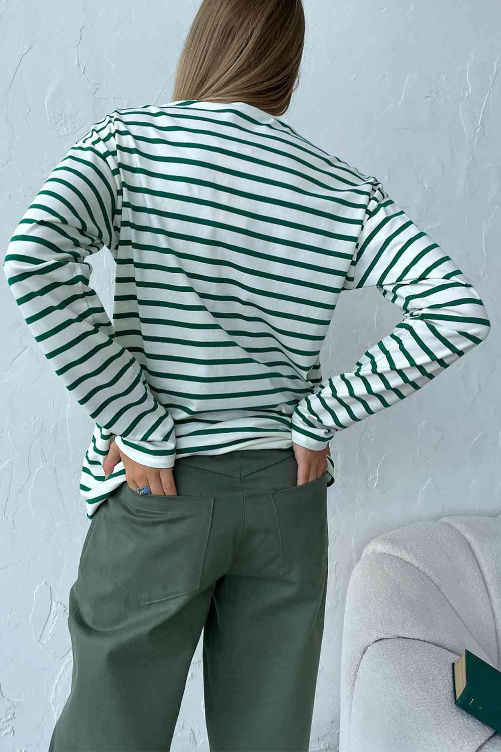 Round Neck Striped Dropped Shoulder T-Shirt - Ladyez
