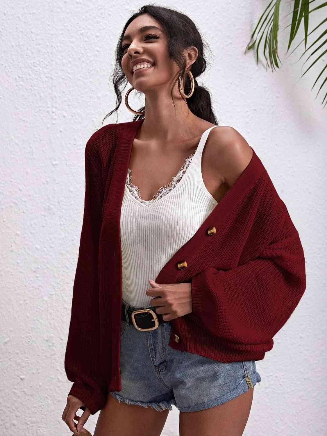 Button Down Dropped Shoulder Cardigan - Ladyez