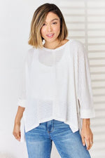 Zenana Full Size Waffle Knit V-Neck Long Sleeve Slit Top - Ladyez