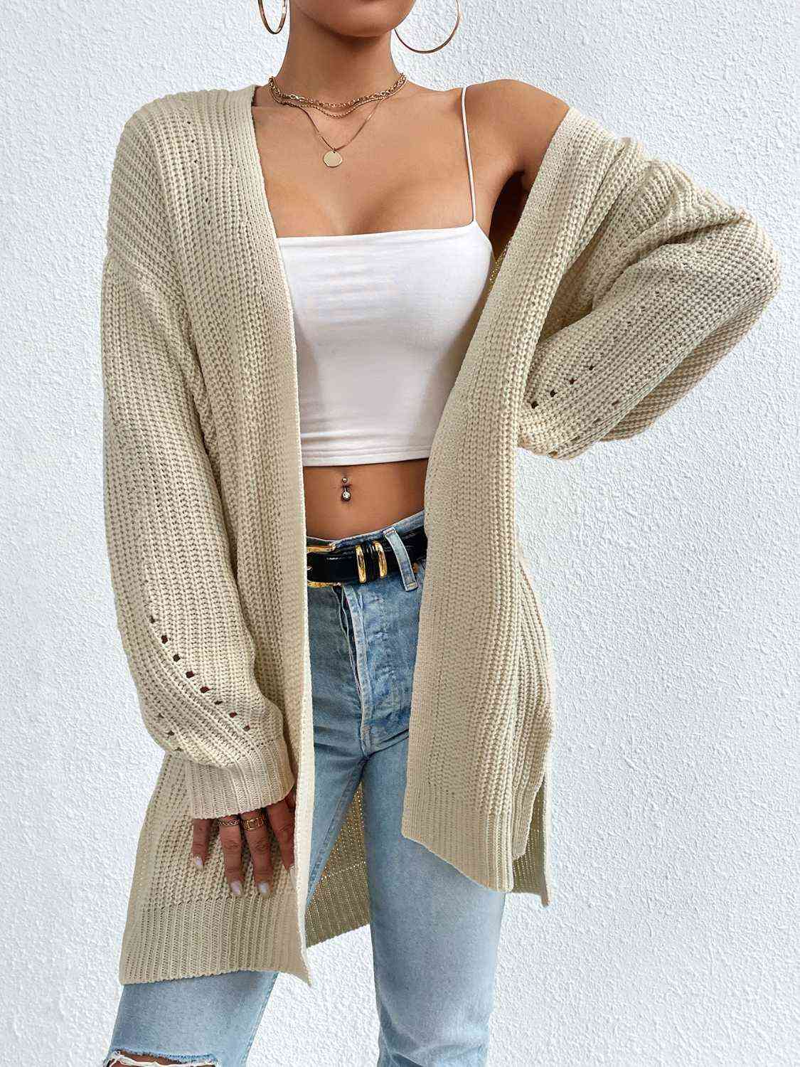 Open Front Dropped Shoulder Slit Cardigan - Ladyez