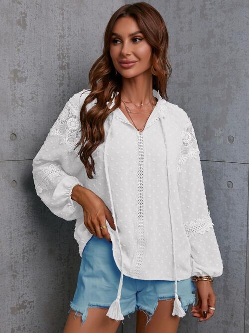 Crochet Tassel Tie Neck Long Sleeve Blouse - Ladyez