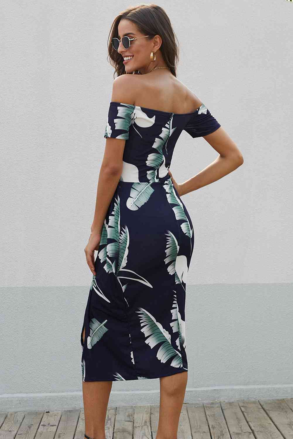 Printed Off-Shoulder Split Dress - Ladyez