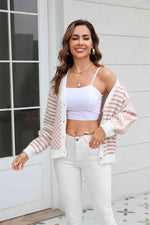 Button-Down Stripe & Plaid Contrast Pattern Cardigan - Ladyez