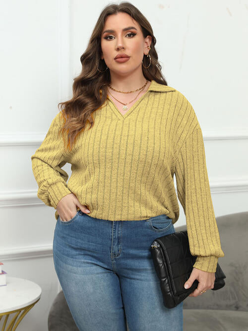 Plus Size Ribbed Collared Neck Long Sleeve Blouse - Ladyez