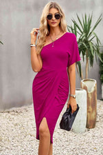 Ruched One-Shoulder Tulip Hem Dress - Ladyez