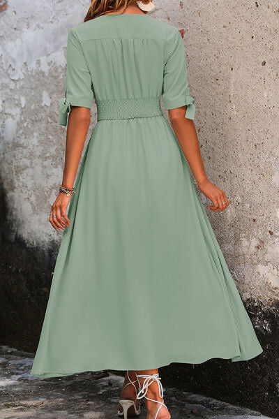 Smocked Quarter Button Short Sleeve Dress - Ladyez