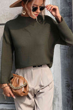 Mock Neck Dropped Shoulder Pullover Sweater - Ladyez