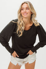 BiBi Round Neck Polka Dot Lantern Sleeve Top - Ladyez