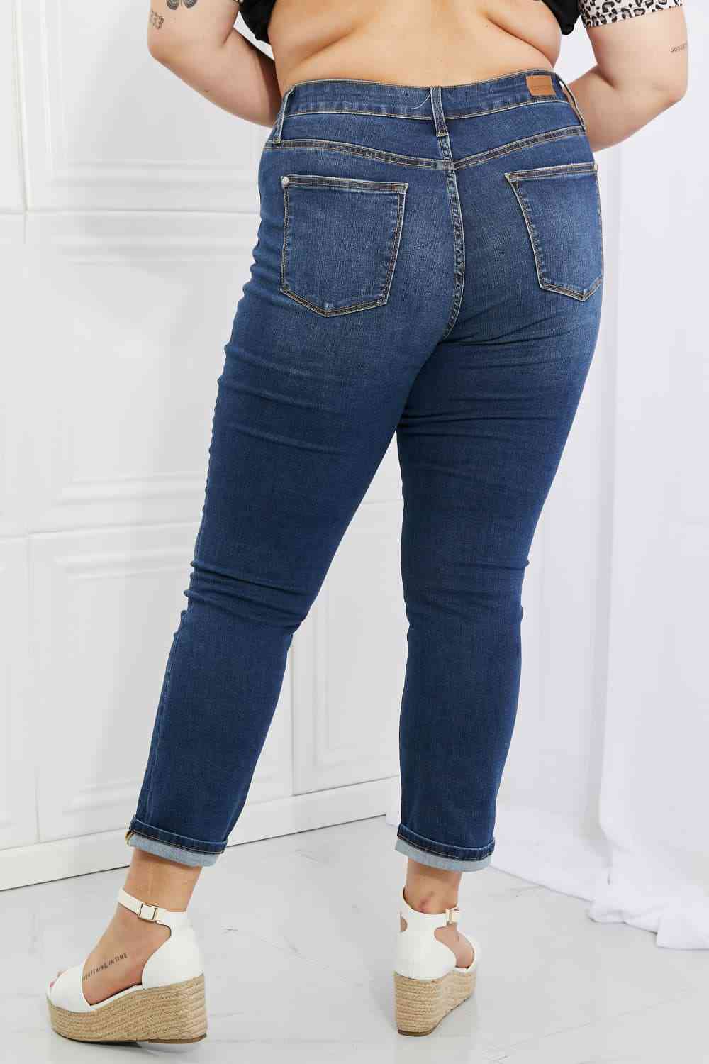 Judy Blue Crystal Full Size High Waisted Cuffed Boyfriend Jeans - Ladyez