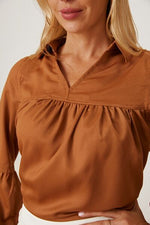 Balloon Sleeve Collared Neck Blouse - Ladyez