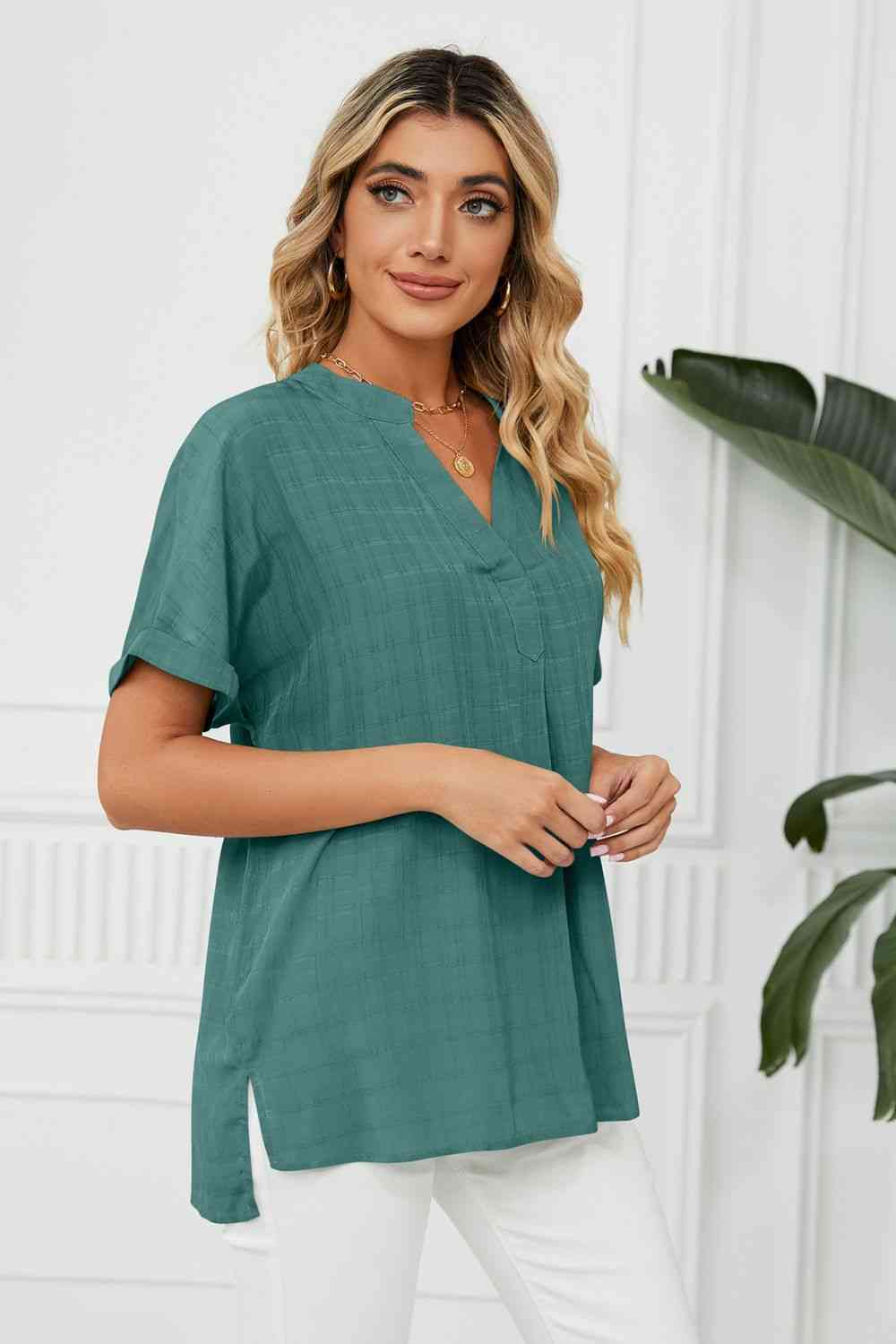 Side Slit Notched Neck Cuffed Short Sleeve Blouse - Ladyez