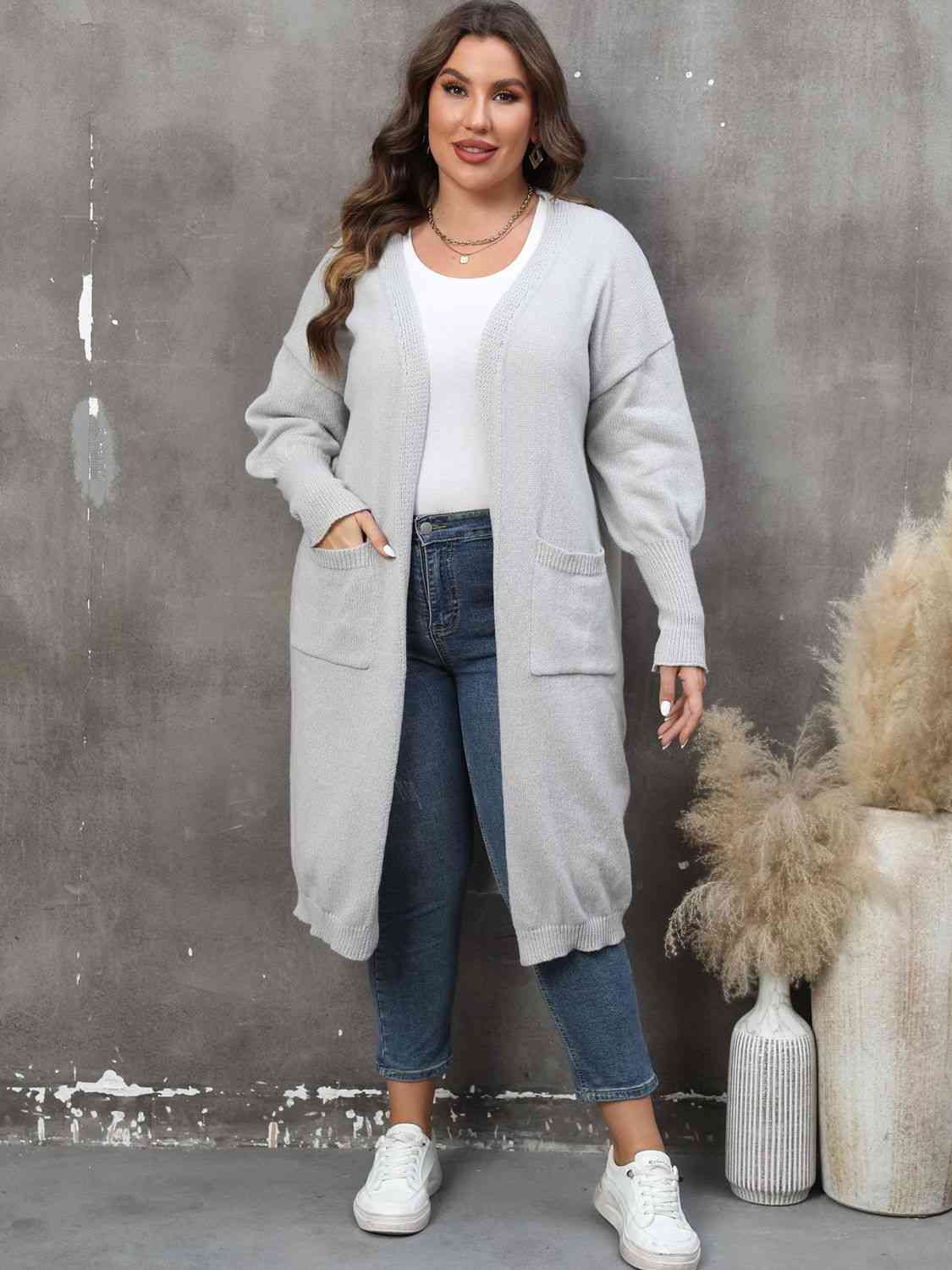 Plus Size Long Sleeve Pocketed Cardigan - Ladyez