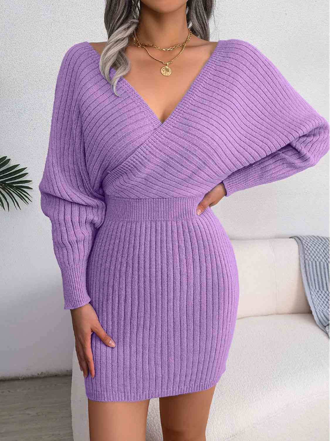 Rib-Knit Dolman Sleeve Sweater Dress - Ladyez