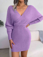Rib-Knit Dolman Sleeve Sweater Dress - Ladyez