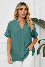 Side Slit Notched Neck Cuffed Short Sleeve Blouse - Ladyez