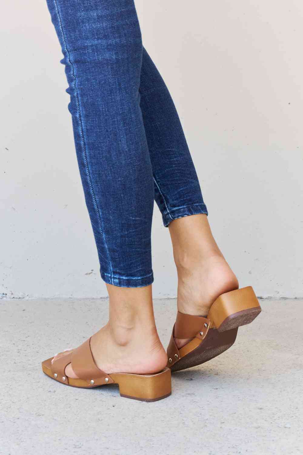 Weeboo Step Into Summer Criss Cross Wooden Clog Mule in Brown - Ladyez