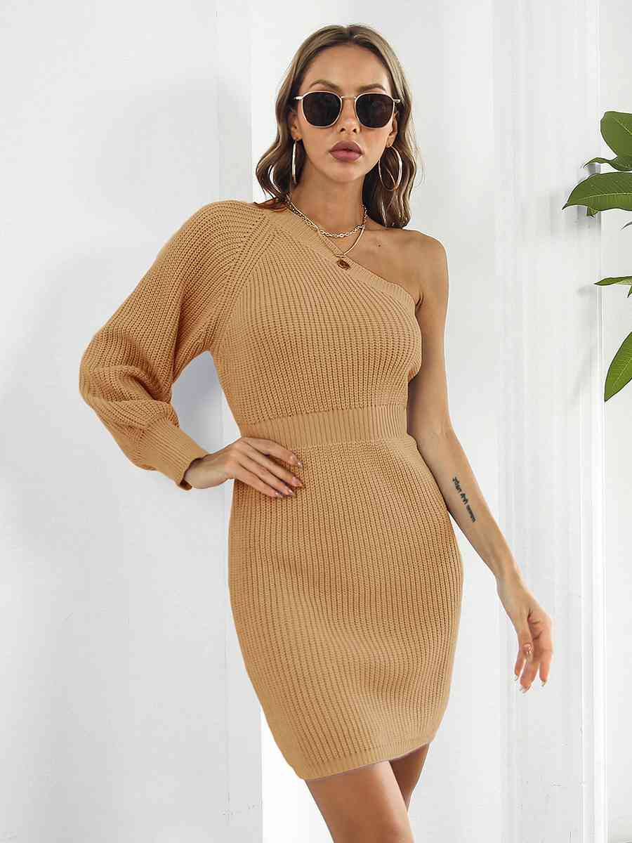 One-Shoulder Mini Sweater Dress - Ladyez