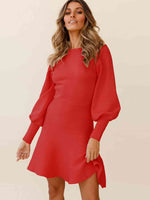 Round Neck Lantern Sleeve Sweater Dress - Ladyez
