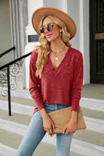 V-Neck Long Sleeve T-Shirt - Ladyez