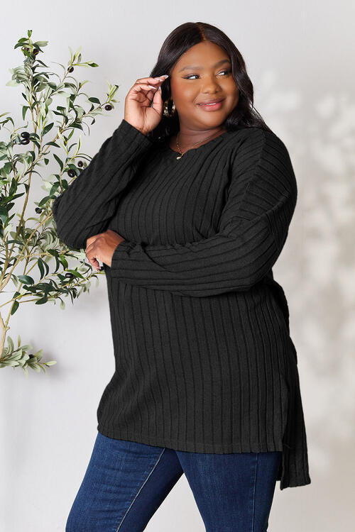 Basic Bae Full Size Ribbed Round Neck Long Sleeve Slit Top - Ladyez