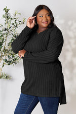 Basic Bae Full Size Ribbed Round Neck Long Sleeve Slit Top - Ladyez