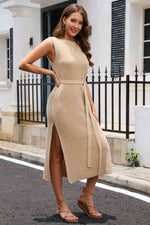 Round Neck Tie Belt Slit Sleeveless Sweater Dress - Ladyez