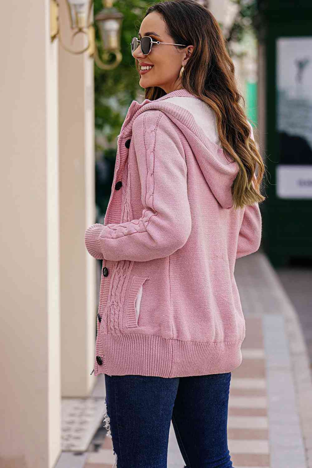 Cable-Knit Fleece Lining Button-Up Hooded Cardigan - Ladyez