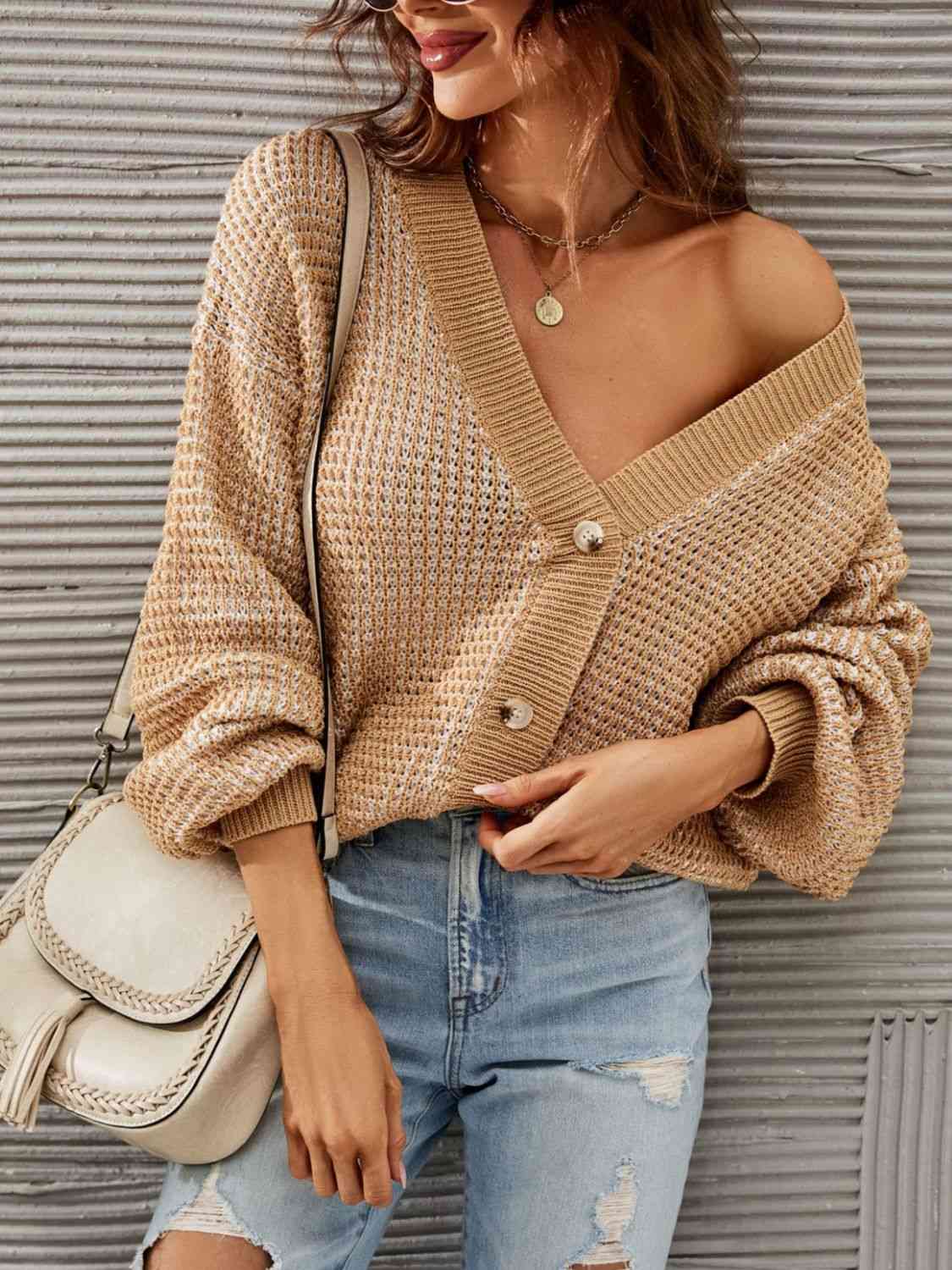 V-Neck Dropped Shoulder Cardigan - Ladyez